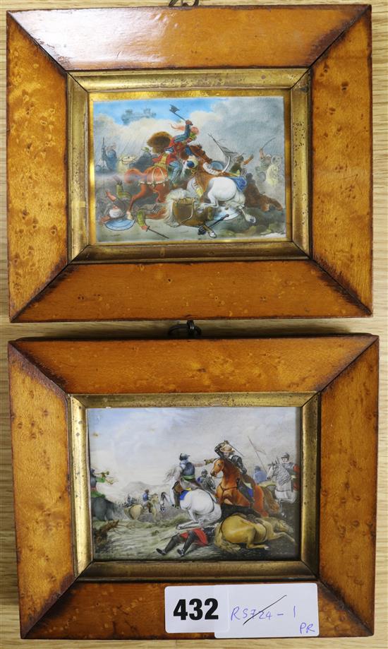 W H Moore, two miniatures, Battle scenes 7 x 9cm. maple framed.